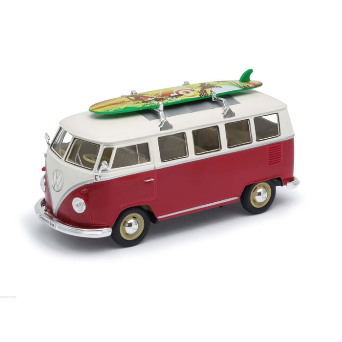 Welly Volkswagen T1 Bus With Surfboard Red 1963 1:24 Scale Diecast Car