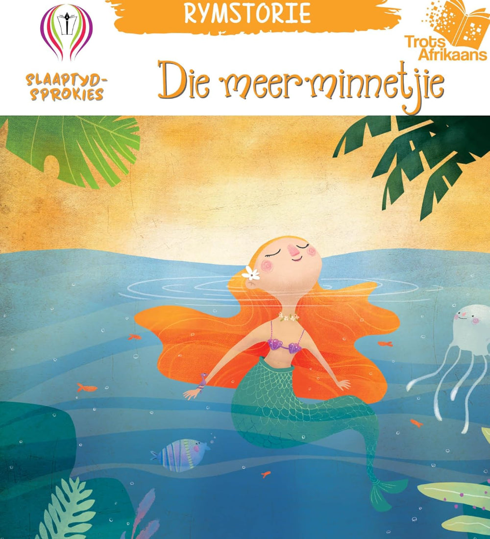 Illustration of a mermaid in water with leaves and jellyfish, featuring text in Afrikaans.