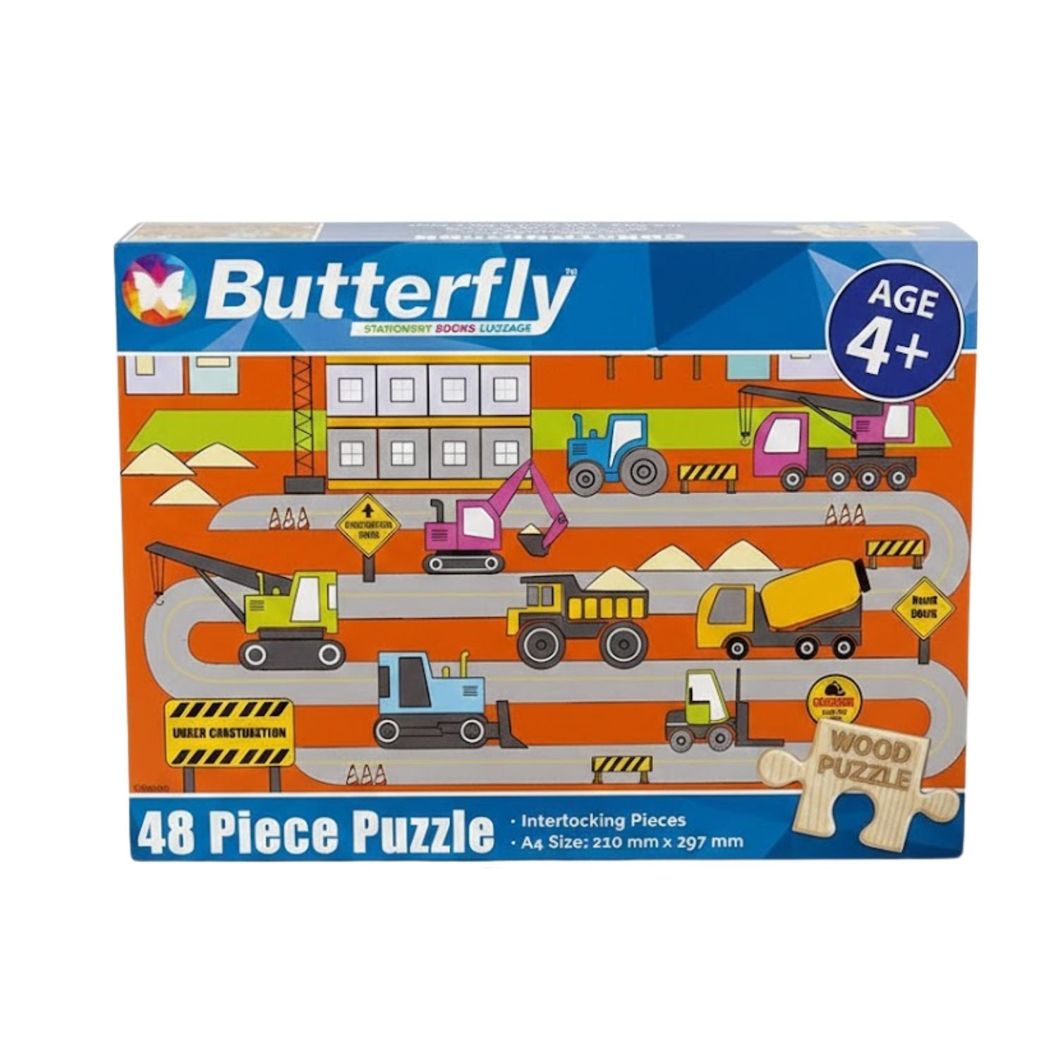 Butterfly A4 Construction Site Wooden Puzzle Set - 48 Pieces