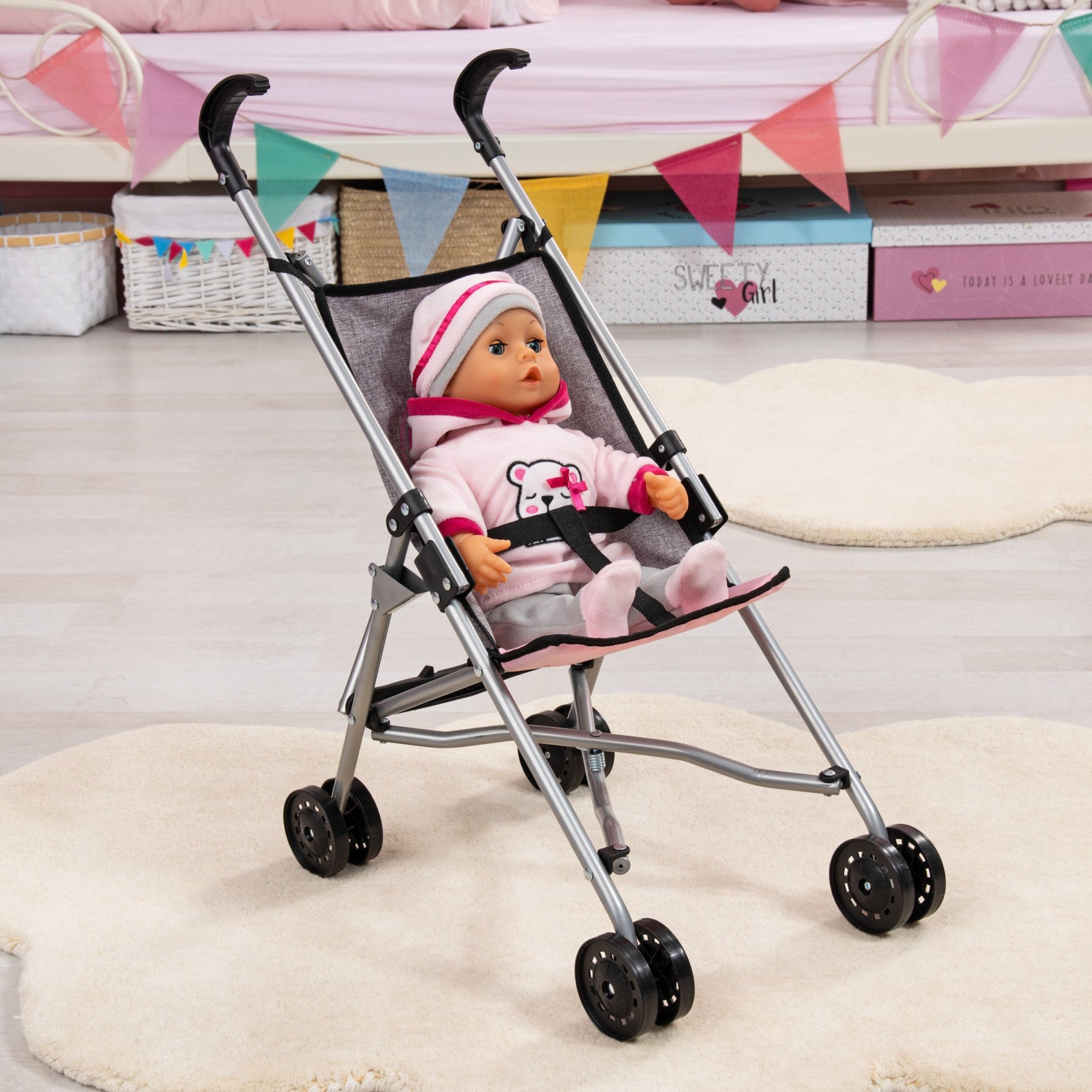 Bayer Buggy Doll's Pram - Butterfly Grey (55CM TALL)