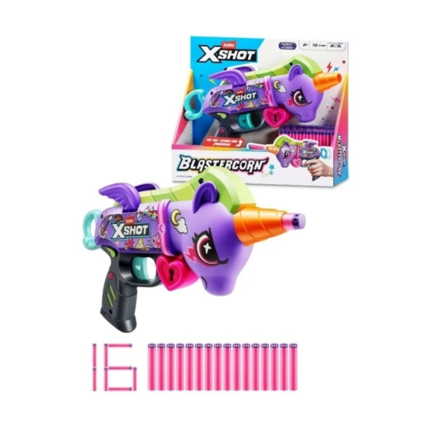 ZURU X-Shot Rainbocorns Blastercorn Dark Unicorn Foam Dart Blaster Toy with 16 Darts