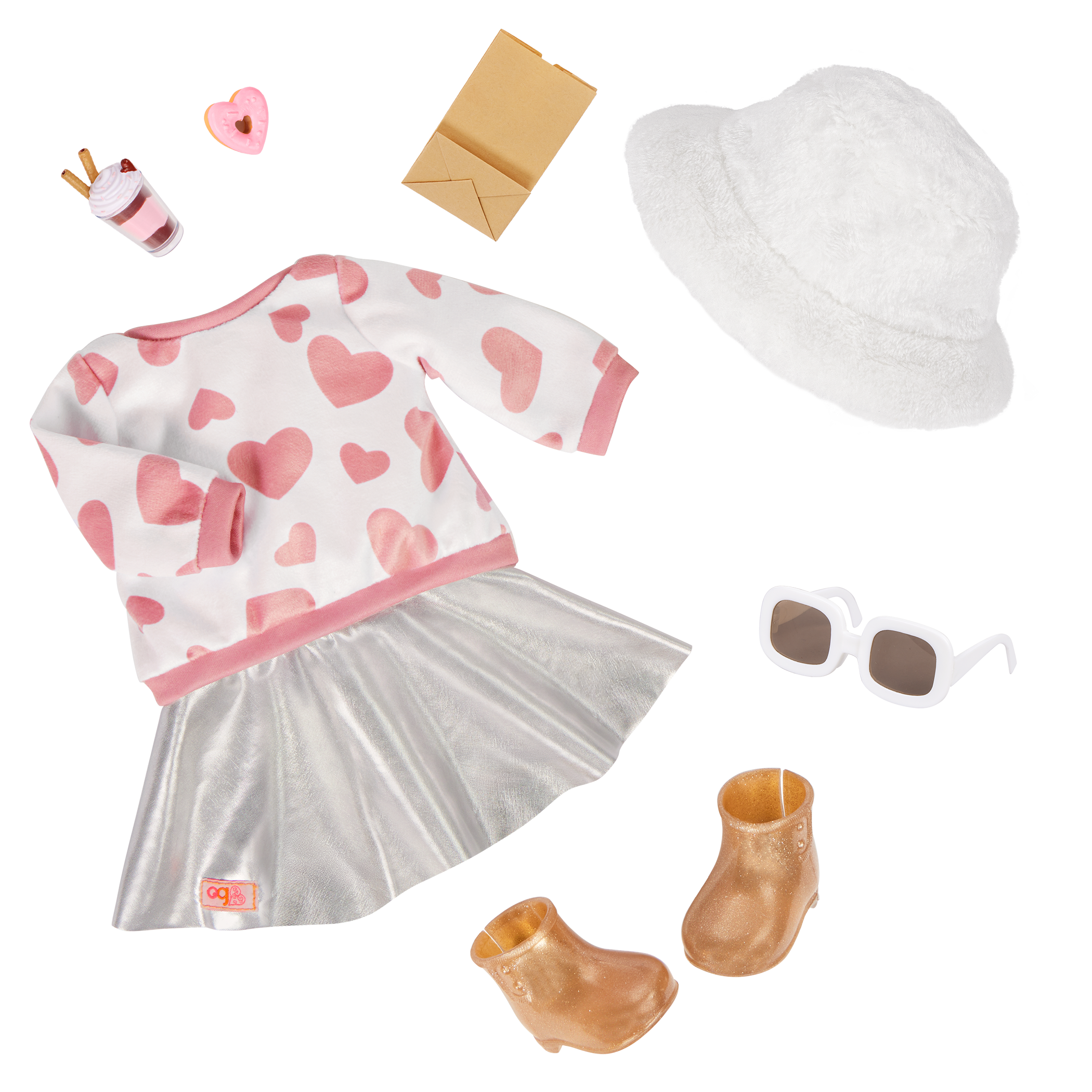 Our Generation Outfit with heart Print Top and Silver Skirt