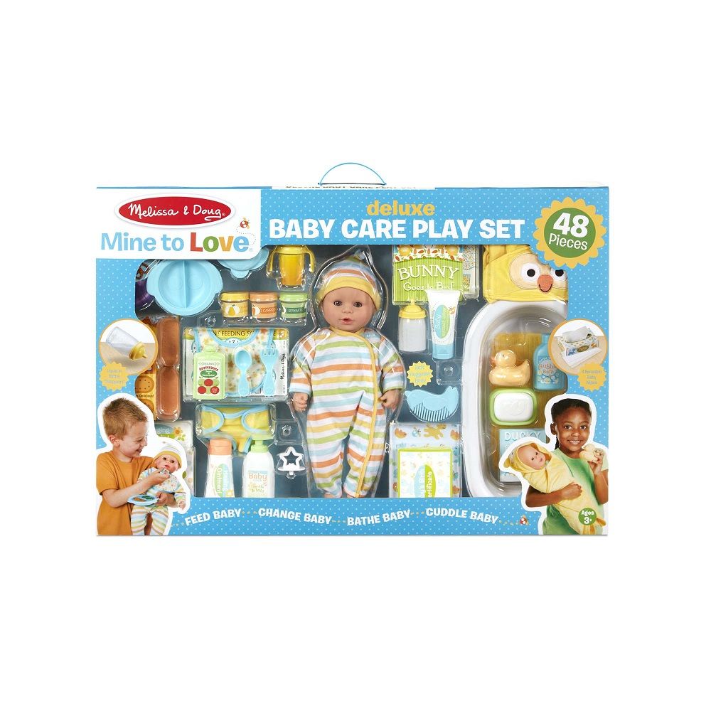 Melissa & Doug Mine to Love Deluxe Baby Care Play Set (48 Pieces – Doll + Accessories to Feed, Bathe, Change, and Cuddle)