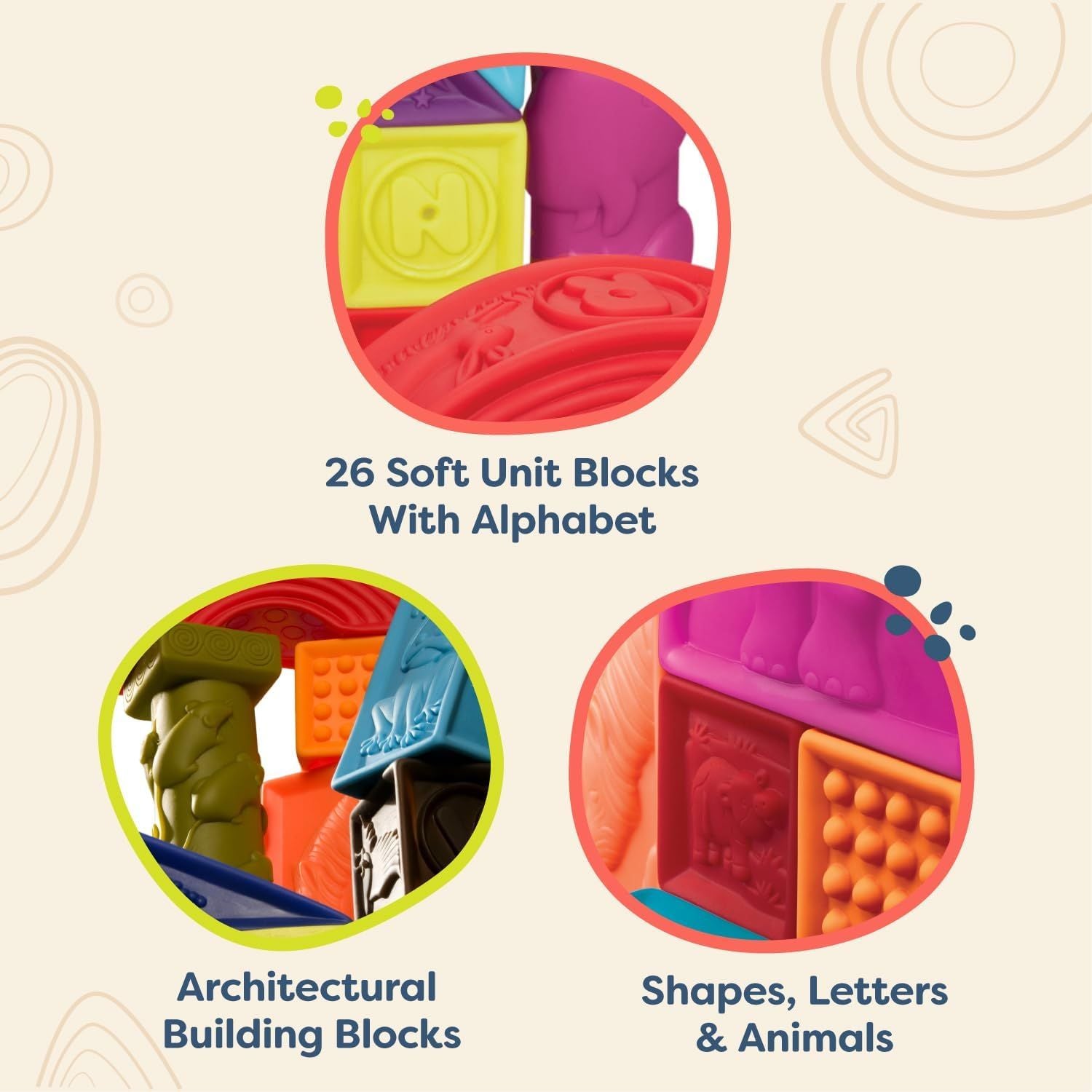 B. toys Elemenosqueeze Soft ABC Learning Baby Blocks Set - 26 Pieces