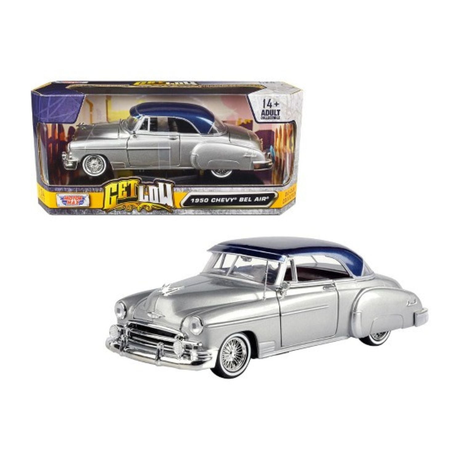 Motormax Get Low Series Diecast Scale Model – 1950 Chevy Bel Air Lowrider Silver Metallic with Blue Metallic Top - Scale 1:24