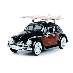 Motormax 1:24 1966 Volkswagen Beetle with 2 Surfboards - Black Woody Sides