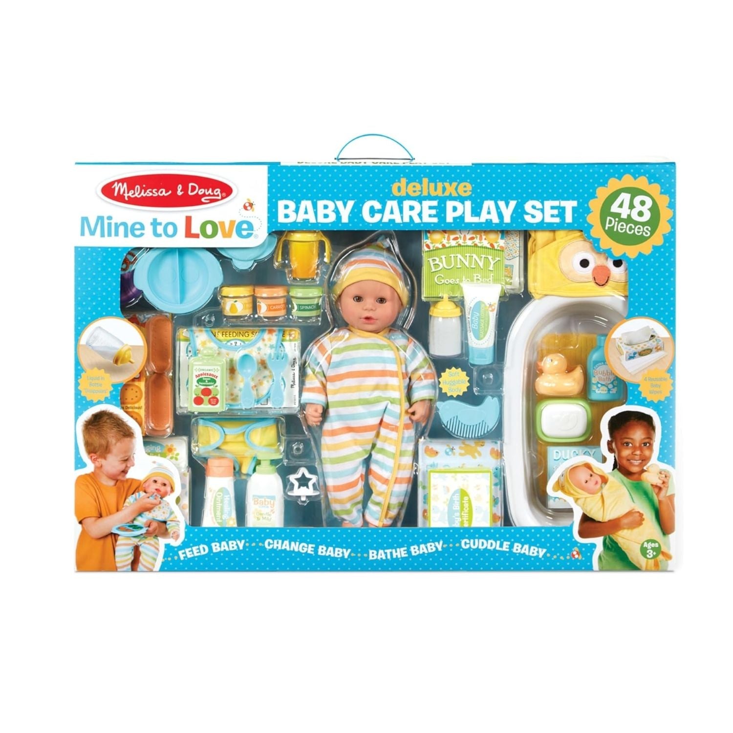 Melissa & Doug Mine to Love Deluxe Baby Care Play Set (48 Pieces – Doll + Accessories to Feed, Bathe, Change, and Cuddle)