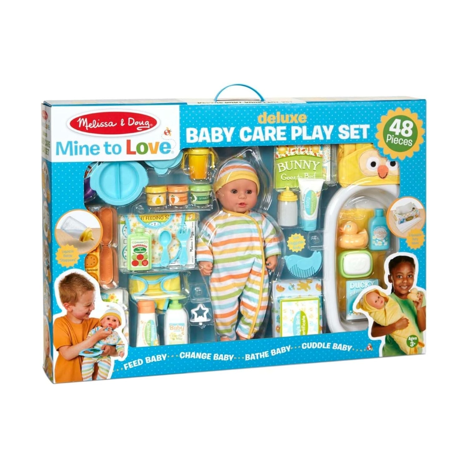 Melissa & Doug Mine to Love Deluxe Baby Care Play Set (48 Pieces – Doll + Accessories to Feed, Bathe, Change, and Cuddle)