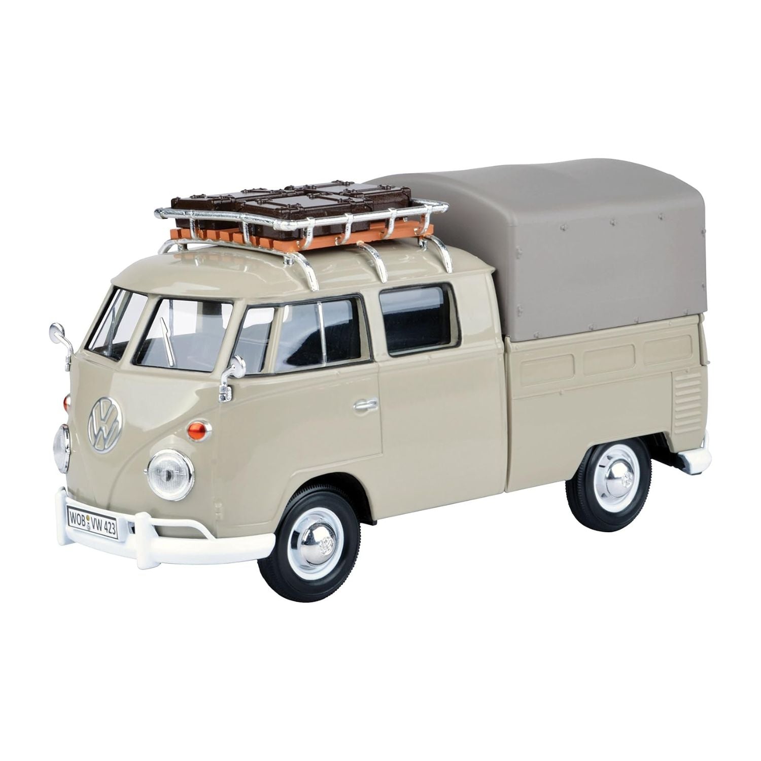 Motormax Volkswagen Type 2 (T1) Scale 1:24 Pickup with Roof Rack + Suit Case + Tarpaulin Cover