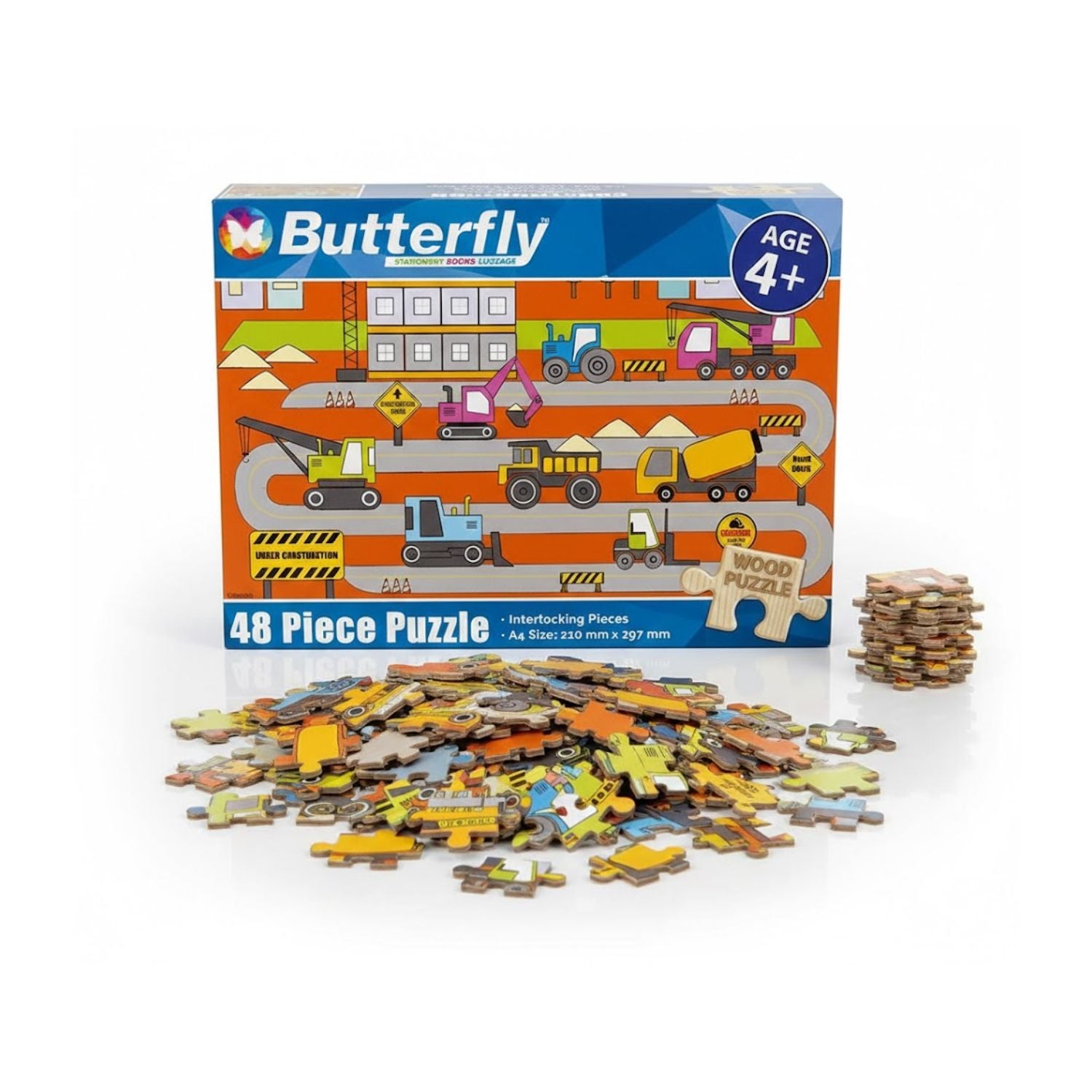 Butterfly A4 Construction Site Wooden Puzzle Set - 48 Pieces