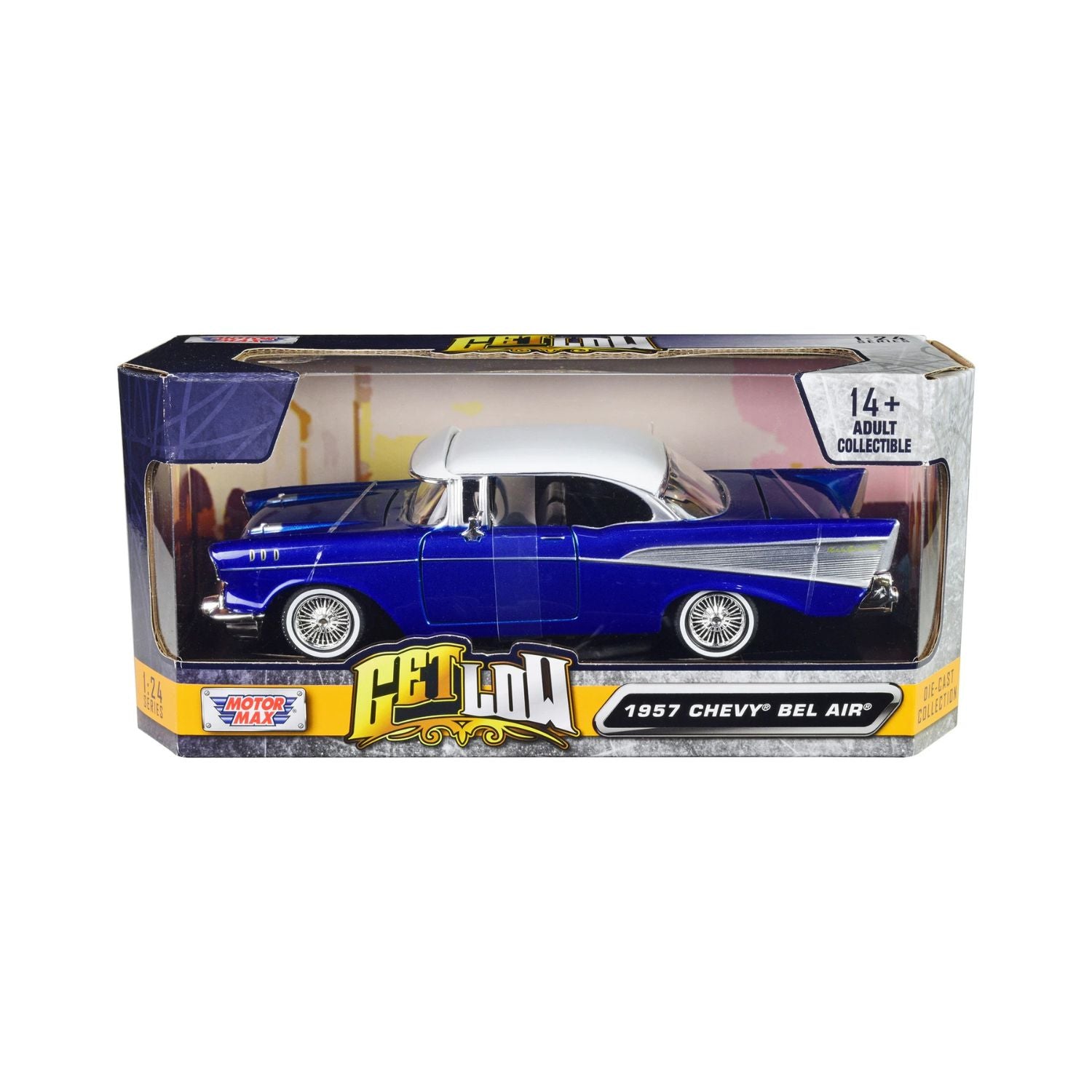 Motormax Get Low Series Diecast Scale Model – 1957 Chevy Bel Air - Candy Blue / White Scale 1:24