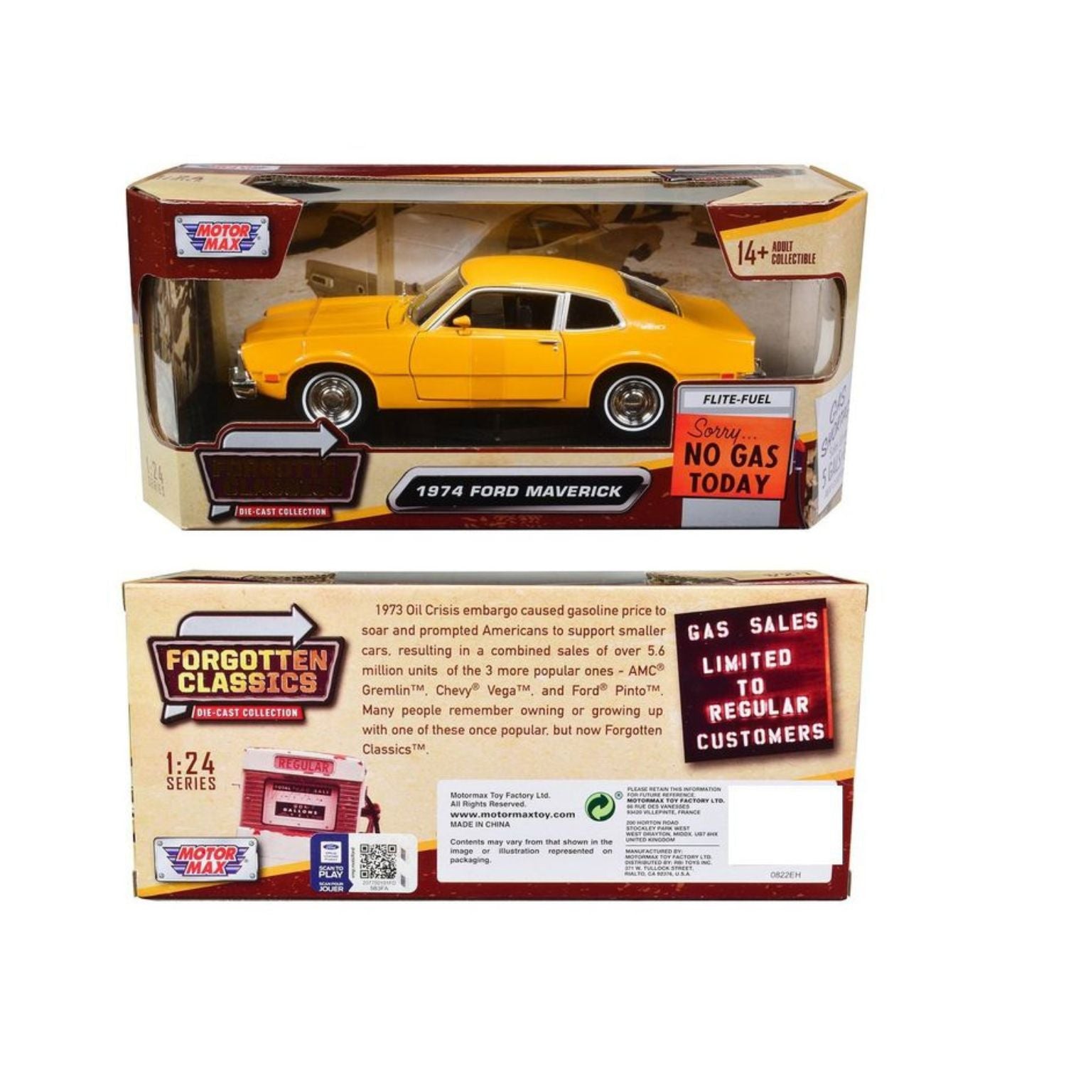 Motormax 1974 Ford Maverick Yellow "Forgotten Classics" Series Scale 1:24 Diecast Model Car