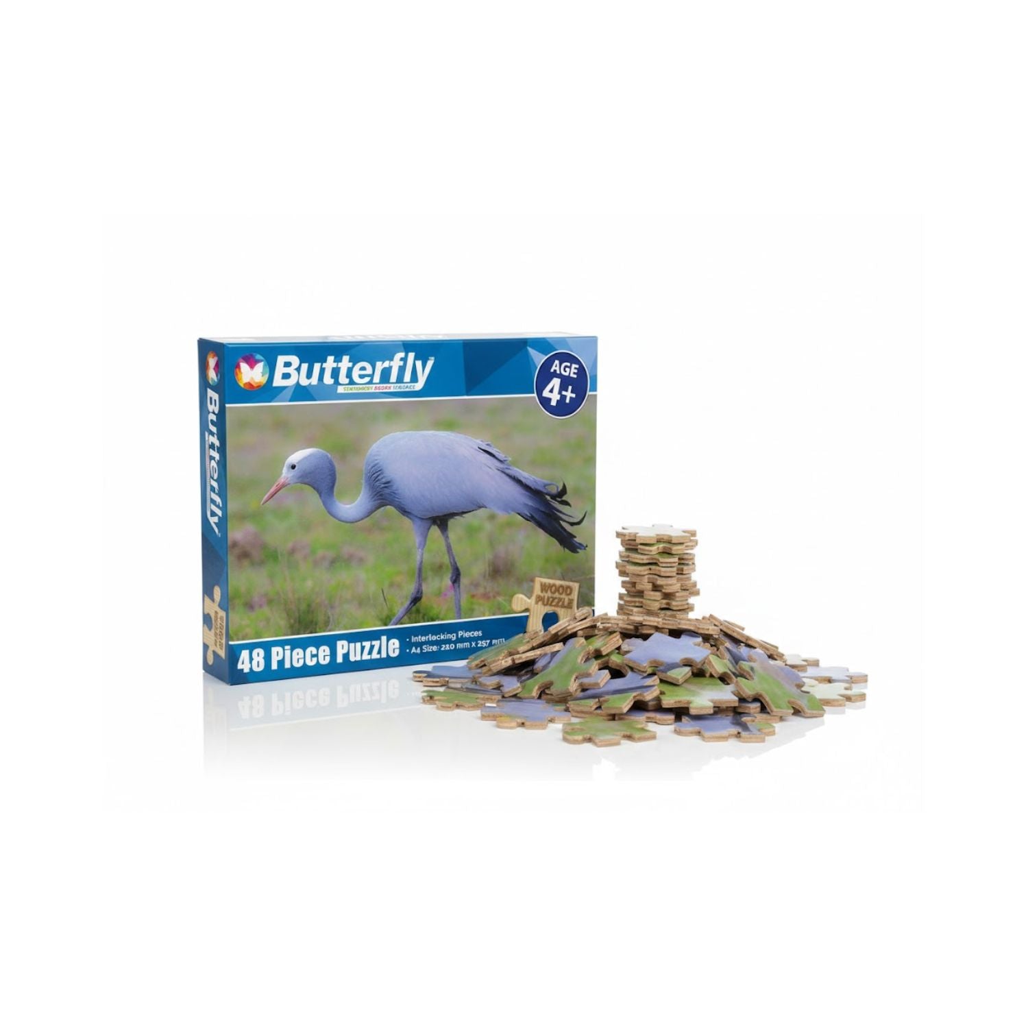 Butterfly A4 Blue Crane Wooden Puzzle Set - 48 Pieces