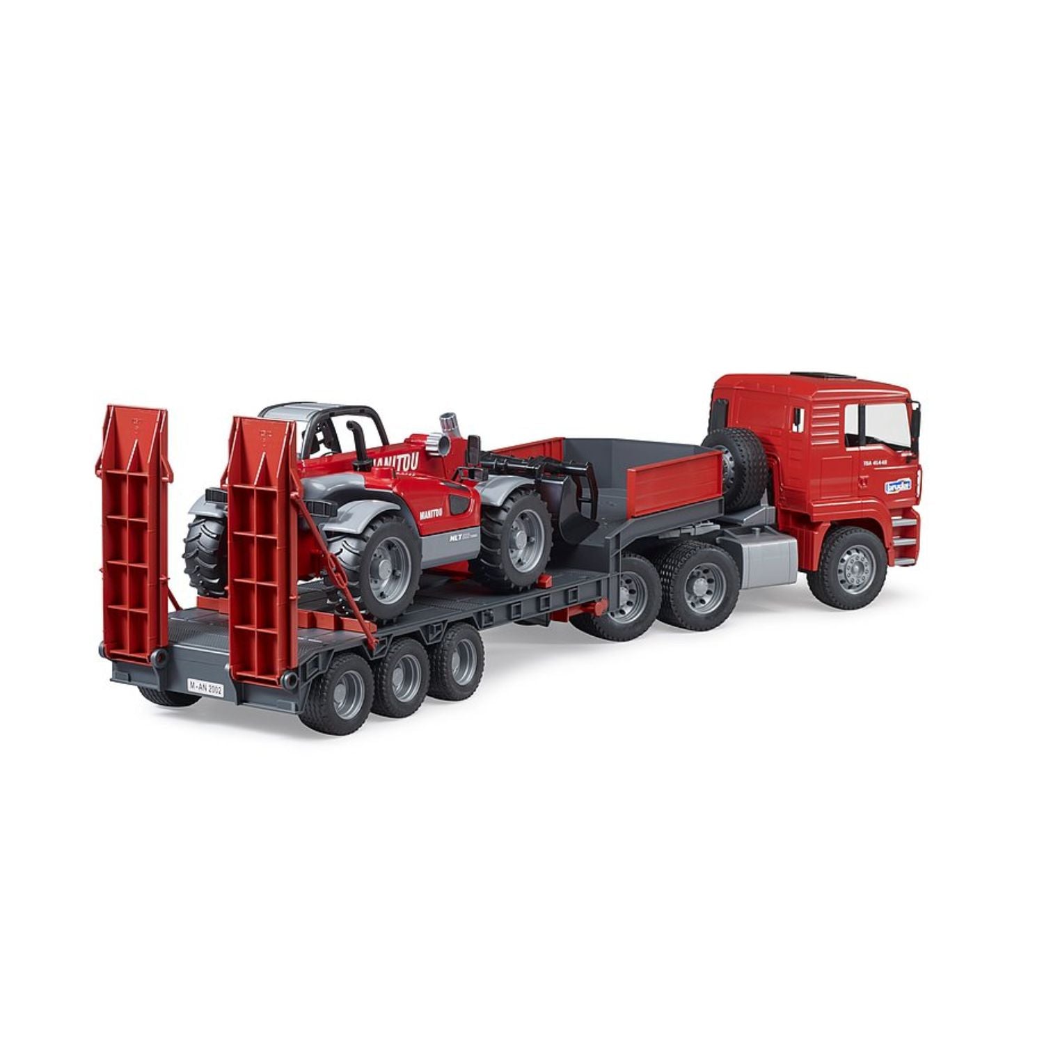 Bruder MAN TGA truck with low loader trailer and Manitou telehandler
