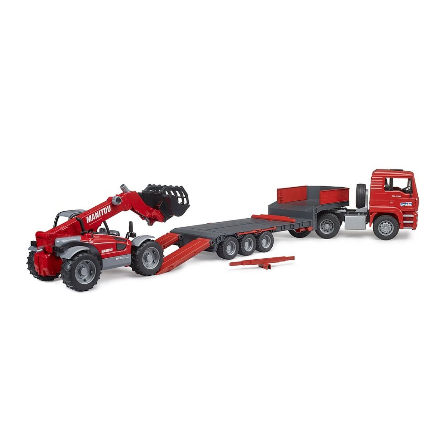 Bruder MAN TGA truck with low loader trailer and Manitou telehandler