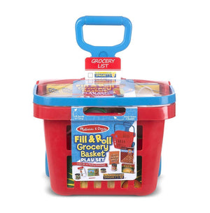 Melissa & Doug Fill and Roll Grocery Basket Set with Play Food Boxes and Cans