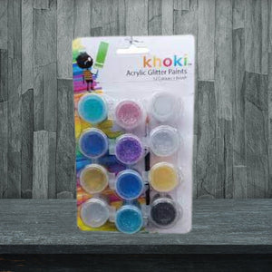 Khoki Acrylic Glitter Paints - 12 Colours + Brush