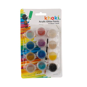 Khoki Acrylic Glitter Paints - 12 Colours + Brush